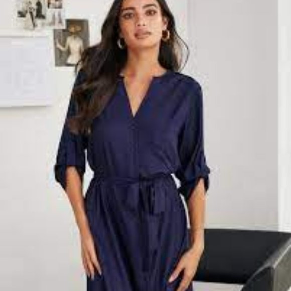 Navy Button Down Shirt Dress with self tie belt and 3/4 sleeves - Picture 3 of 4